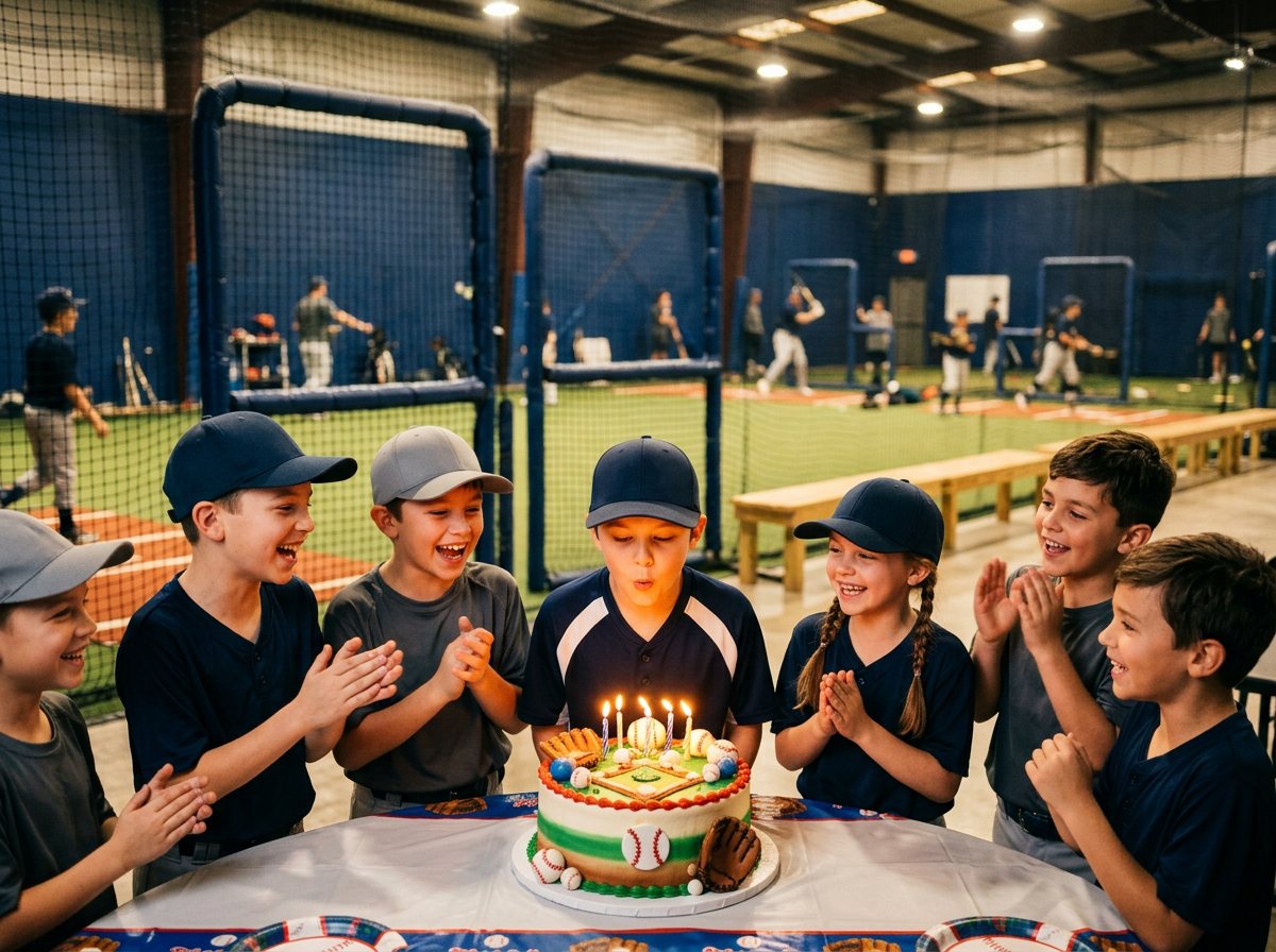 Kids celebrating a custom baseball-themed birthday party at Aces Sports Academy in Orlando, FL