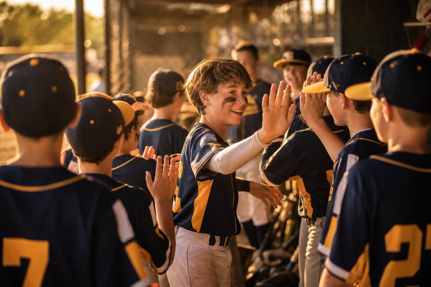 Aces Sports Academy travel baseball team celebrating in the dugout